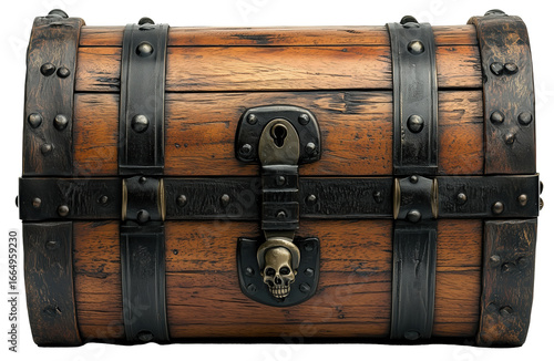 Closed wooden pirate chest with skull decoration and black metal elements, isolated on transparent background.