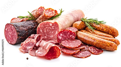 Assorted Gourmet Sausage and Cured Meat Selection with Rosemary on White Background