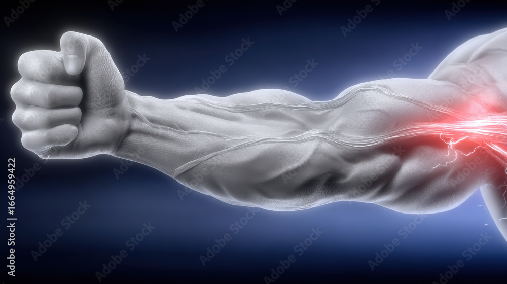 Fototapeta premium Muscular arm illustration highlighting tendinitis point with visible veins and pain concept. image shows strong forearm with tension and energy