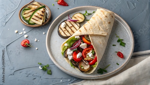 Grilled vegetable wrap with feta cheese and tomatoes