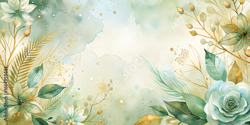 Wallpaper Mural watercolor illustration featuring lush green leaves, light blue, white flowers, sparkling gold glitter, wedding invitations, greeting cards, decorative posters, social media backgrounds, sophisticated Torontodigital.ca