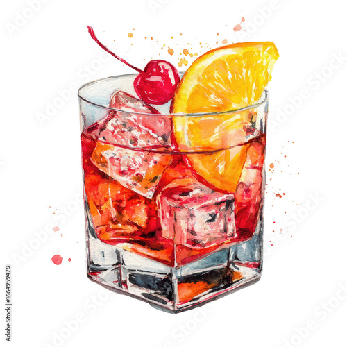 A vibrant cocktail, likely an Old Fashioned, with ice, a cherry, and orange slice