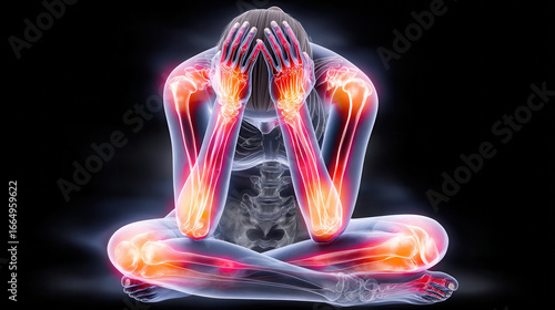 Depicts person experiencing tendinitis highlight with visible points of pain throughout body. transparent view shows inflamed areas in red, emphasizing discomfort and stress