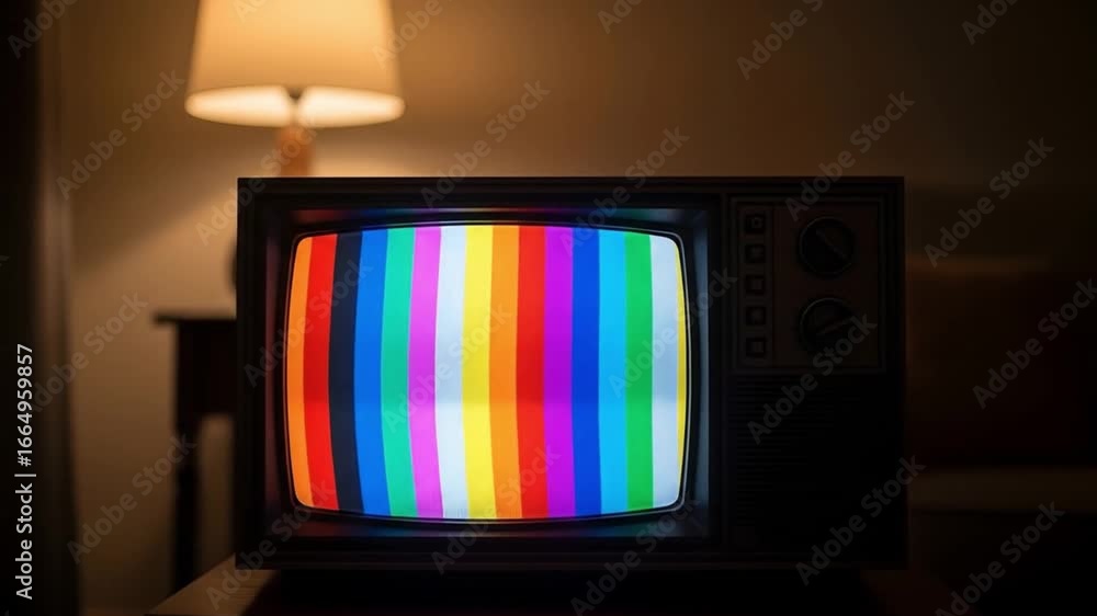 Retro CRT television displaying a vibrant technical difficulties test pattern, signaling a please stand by interruption for broadcast