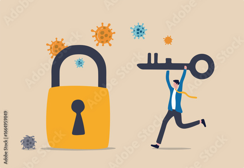 Unlock or reopen COVID-19 Coronavirus lockdown, restart business as usual to restore economic recession after Coronavirus crash concept, businessman leader holding key to unlock and reopen business