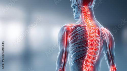 Human skeleton with focus spine highlighted red, indicating pain or inflammation. This visual representation is often used to depict conditions like tendinitis