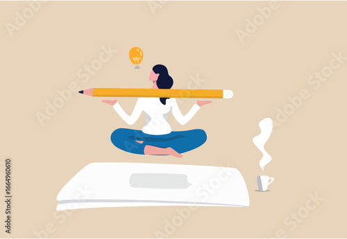 Writer inspiration, blogger, copywriter or journalist creativity concept, young woman writer meditate on blank paper and holding big pencil thinking about idea to write in her blog or journal.
