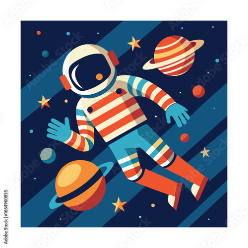 Astronaut in a vibrant space scene with planets and stars