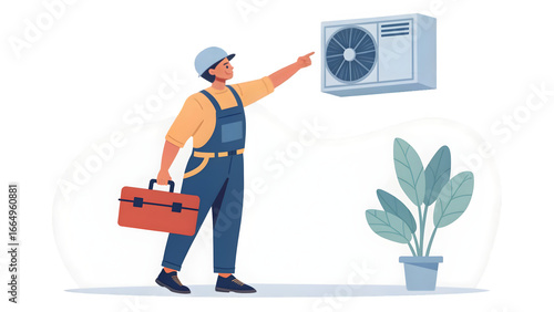 HVAC technician with toolbox and air conditioner repair illustration