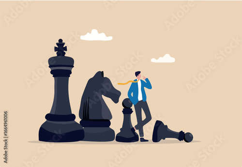 Strategic thinking to win business competition, marketing strategy or planning to make decisions, challenge or problem solving concept, contemplation businessman thinking with chess pieces.