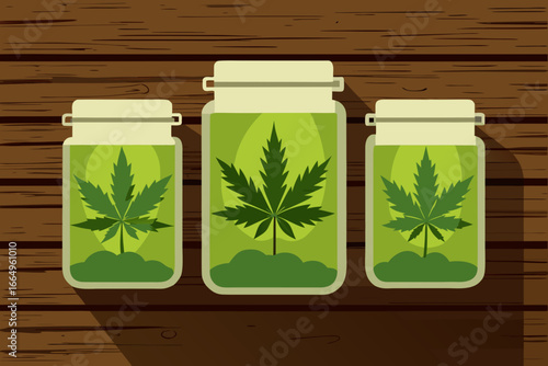 Three glass jars filled with cannabis leaves, symbolizing storage and preservation of marijuana