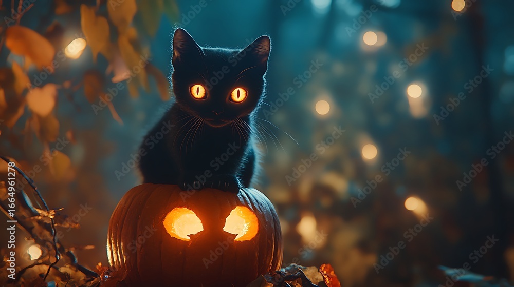 Naklejka premium Black cat sitting on a pumpkin with glowing eyes