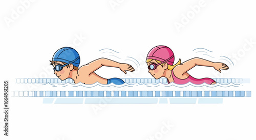 Two swimmers are swimming in the pool one boy and one girl wearing swimming caps and goggles.
