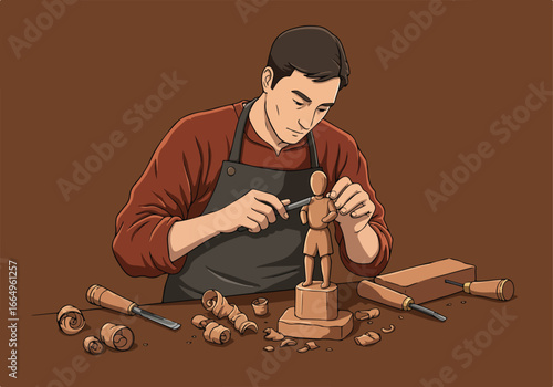 Woodcarver at work shaping a small figurine on a table in his shop