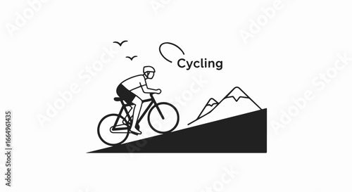 Cycling uphill with mountains and birds black and white illustration.