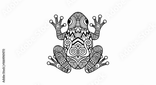 Detailed black and white frog illustration with intricate patterns.