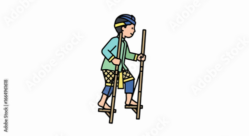 Indonesian boy walking on stilts traditional clothing isolated on white.