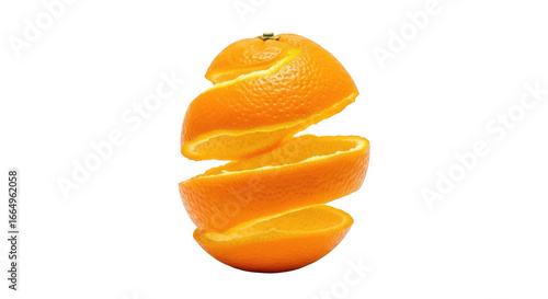Orange peel spiraled around white background with copy space citrus fruit image