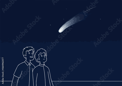 People observing comet, starry sky. Illustration of wish, future, hope
