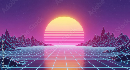 Synthwave Landscape with Sunset and Grid, Evoking Nostalgia and Synthwave Aesthetics, Perfect for Digital Art and Futuristic Designs with a Retro-Inspired Theme