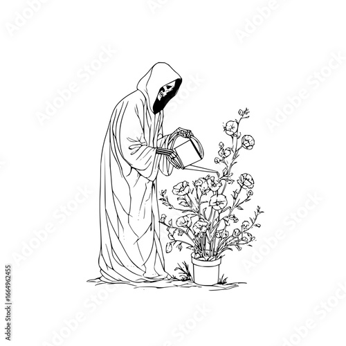 Grim reaper gardening art print death and life illustration skeleton watering flowers black and white line drawing
