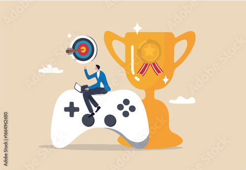 Gamification, marketing strategy for customer to achieve target and win the prize, reward or challenge to keep customer engagement concept, man with computer laptop on game joystick with trophy award.