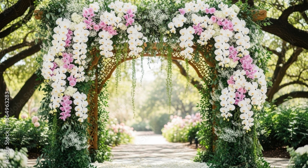 Fototapeta premium A beautiful garden archway adorned with white and pink orchids and lush green foliage, leading to a sunlit path.