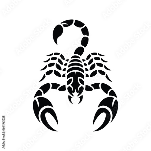 Stylized black scorpion silhouette with detailed claws and tail