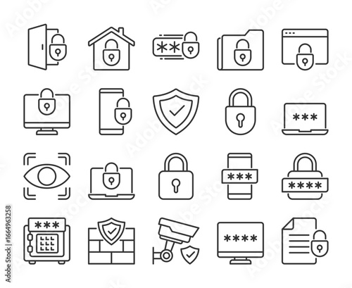Protection icons. Security and Safety line icon set. Editable Stroke.