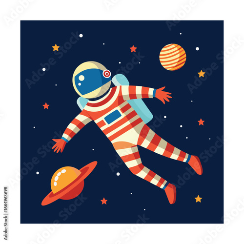 Spaceman drifting through a starry cosmos with planets