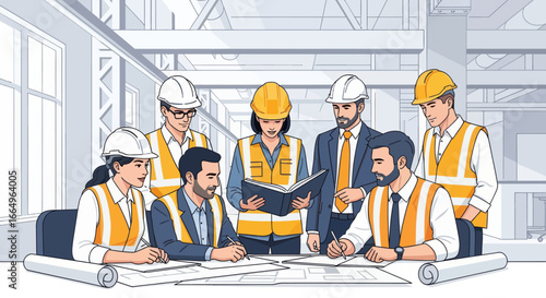 Construction team conferring over blueprints in a modern industrial setting.