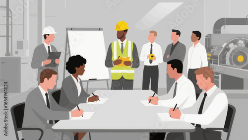 A diverse group of professionals holding a meeting, discussing plans, and collaborating on a project.