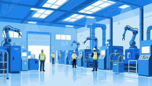 Modern factory interior with robotic arms and human workers operating machinery.