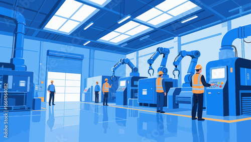 Modern automated factory interior with robotic arms and human workers monitoring production lines.