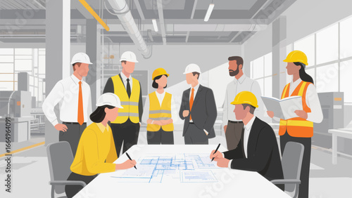 A group of construction workers and engineers collaborating on blueprints in a modern office.