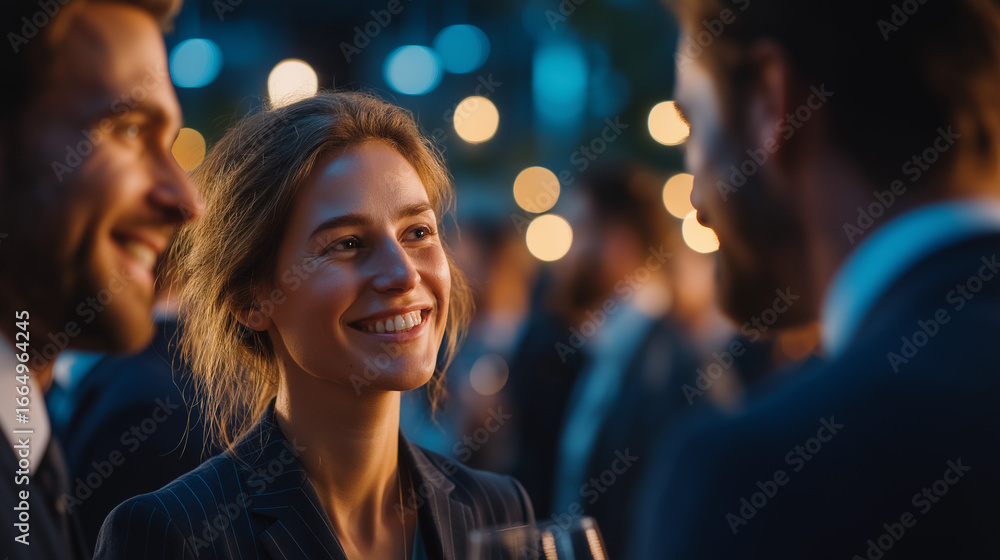 Obraz premium Cordial Conversations: Captivating image of three individuals engrossed in a dynamic business discussion during an evening outdoor event, embodying the essence of networking and professional rapport.