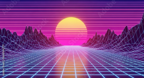 Vibrant Synthwave Landscape with a Glowing Sun and Grid Terrain Evoking the Nostalgic Aesthetic of the 1980s Digital Art and Electronic Music Culture