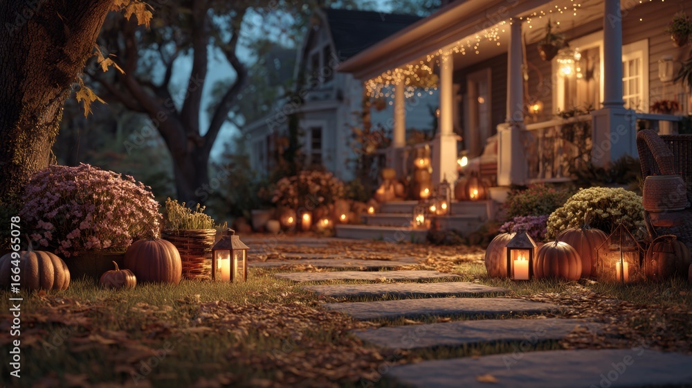 Obraz premium Cozy autumn front yard decorated with pumpkins, lanterns, and fallen leaves at twilight