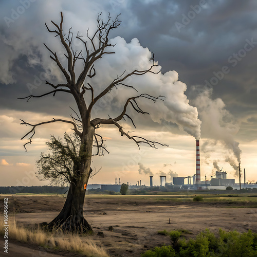 Dead tree standing in the middle of a polluted industrial landscape, smoke stacks in the background, dramatic sky, symbolic environmental concept art.