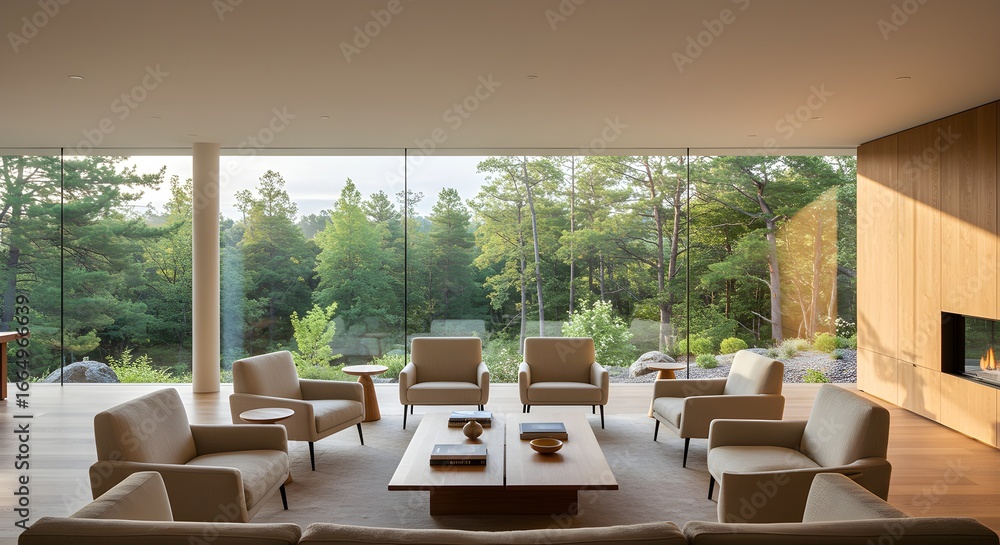 Fototapeta premium Modern living room, minimalist interior, beige furniture, large windows, forest view