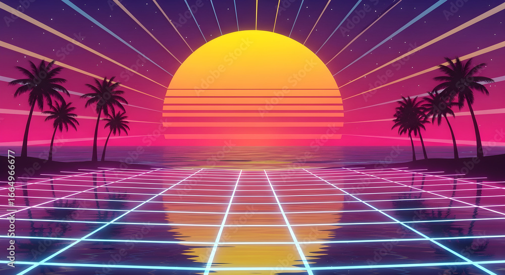 Fototapeta premium Retro 80s Sunset with Palm Trees and Grid Reflection.