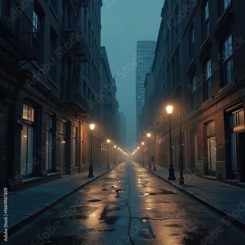 City street at night. Buildings, street lights illuminate wet road surface. Foggy weather creates mysterious atmosphere. Urban scene evokes mood travel exploration.