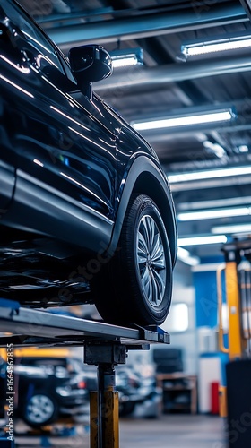 Black SUV Elevated on Automotive Lift in Repair Shop with Fluorescent Lighting