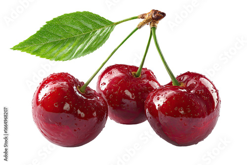 Close-up of three ripe cherries with leaves.  Dark red, glossy, and juicy-looking cherries are clustered on stems, with fresh green leaves.  Isolated on black background
