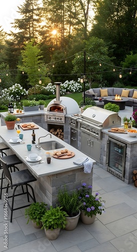 Luxurious Outdoor Kitchen and Dining Area with Pizza Oven.