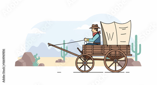 Cowboy driving wagon through desert landscape illustration.