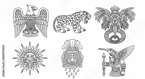 Detailed Line Art Illustrations of Animals and Aztec Symbols.