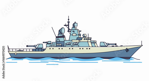 Detailed illustration of a warship sailing on the water.