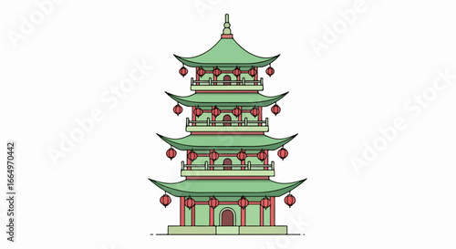 Detailed illustration of a traditional Chinese pagoda building.