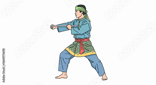 Martial artist in traditional attire practicing with sticks, focused.
